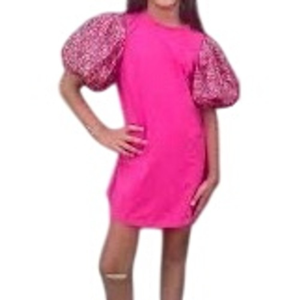 Queen of Sparkles Pink Sequin Puff Sleeve Mini T-Shirt Dress Girls Medium